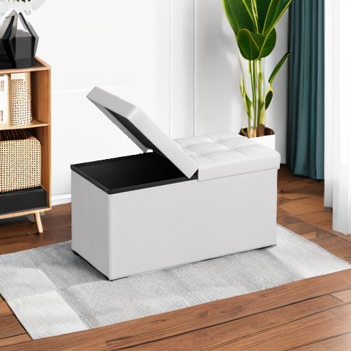 SONGMICS MAZIE Collection - 30 Inches Storage Ottoman Bench with Flipping Lid, Storage Chest Footstool, Load 660 lb, for Entryway, Living Room, Bedroom, Synthetic Leather, White ULSF45WT