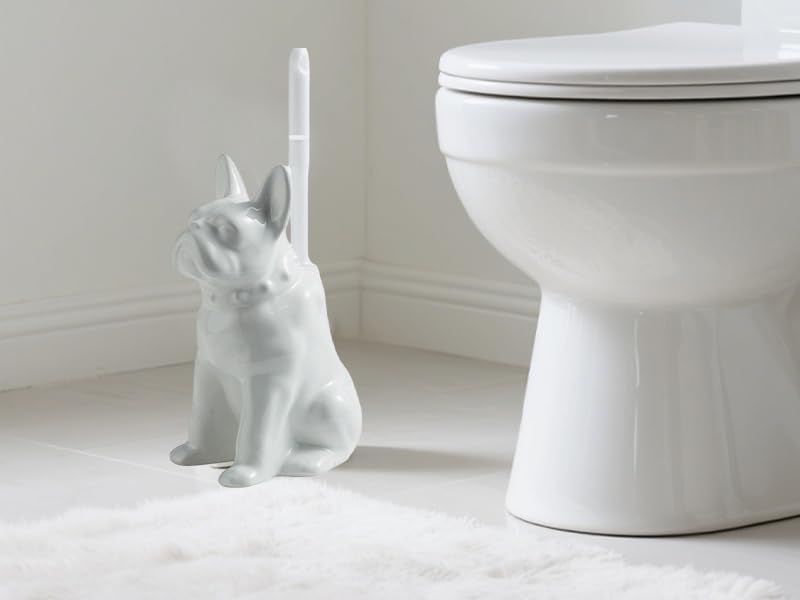 Comeon Ceramic Dog White/Black Toilet Brush and Holder Set, Plastic Handled Scrub Brush for Bathroom Cleaning,13.7"*6.3" (White)