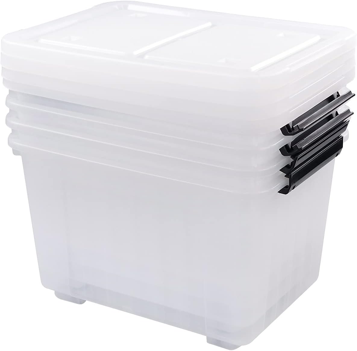 4 Packs 30 L Stackable Plastic Storage Bins with Lids and Wheels, Latching Clear Storage Container Box