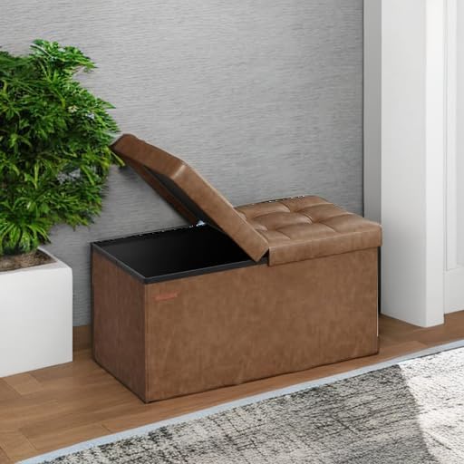 SONGMICS MAZIE Collection - 30 Inches Storage Ottoman Bench with Flipping Lid, Storage Chest Footstool, Load 660 lb, for Entryway, Living Room, Bedroom, Synthetic Leather, Coffee Brown ULSF045K01