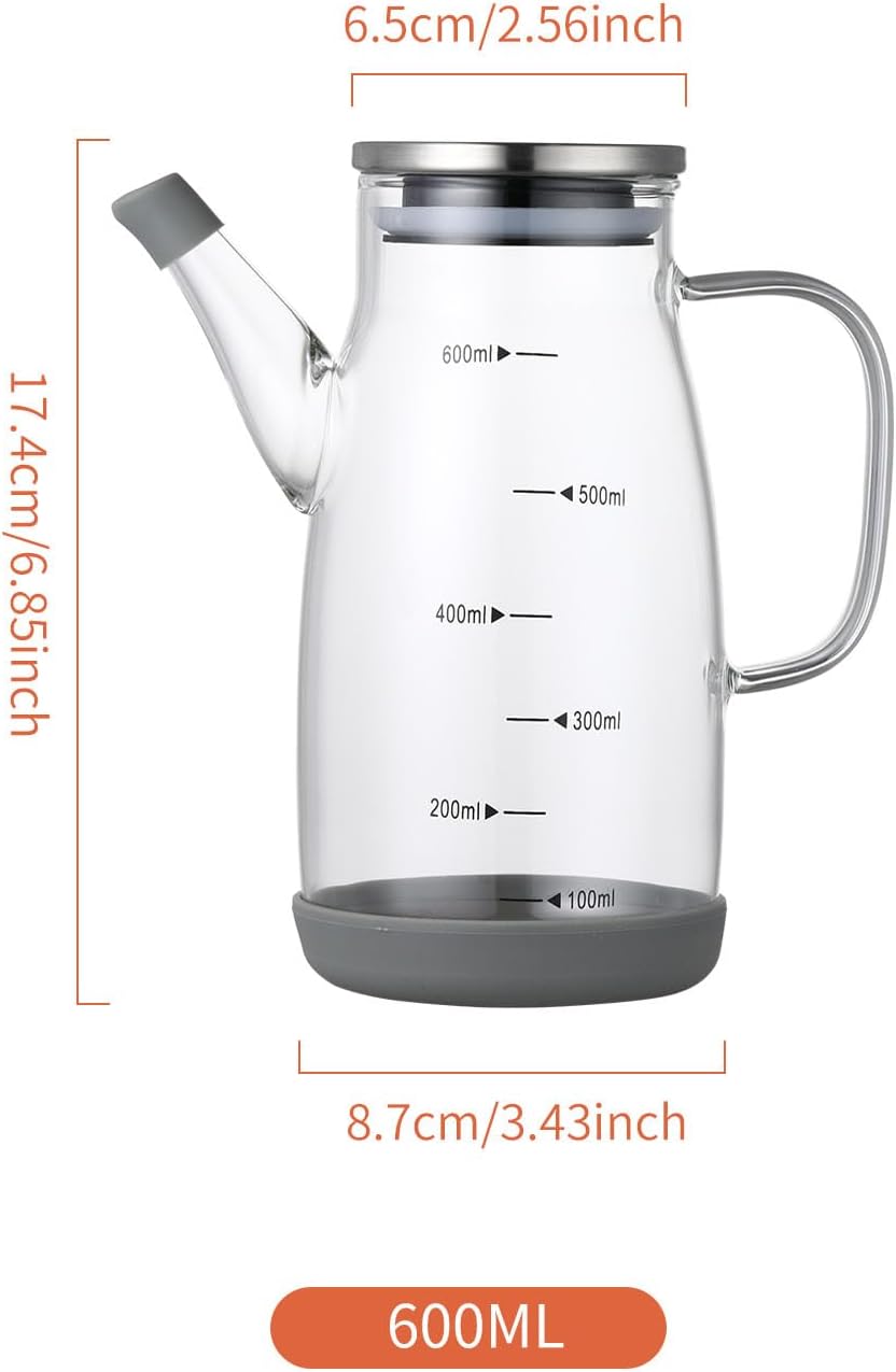 Large Glass Oil Dispenser Bottle for Kitchen Cooking Recipiente Para Aceite De Cocina Olive Oil Vinegar Dispenser Cruet Stainless Steel Lid No Drip Liquid Container (Clear, 20oz / 600ml)