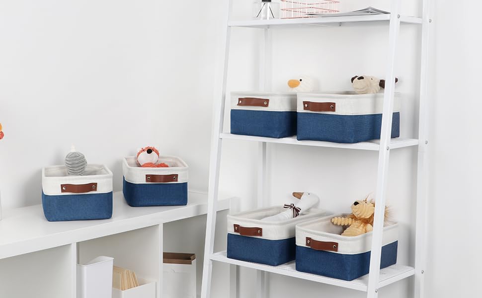 DULLEMELO Small Storage Bin,Small Fabric Rectangular Storage Basket for Shelves,Collapsible Bin for Toy and Clothes Storage (White&Blue,1 Pack)