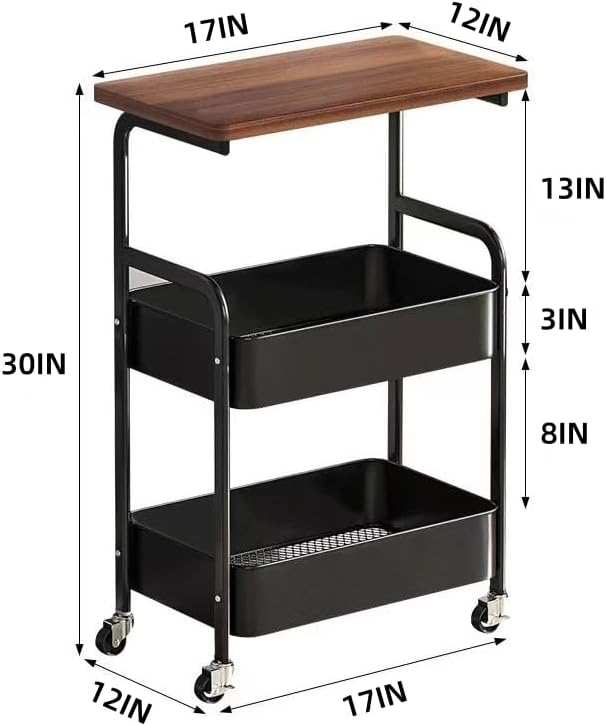 3 Tier Metal Rolling Utility Cart Organizer with Walnut Table Top, Stable and Sturdy Rolling Storage Carts with 2 Lockable Wheels for Kitchen,Bathroom,Snacks,Coffee,Craft,Makeup,Baby Essentials