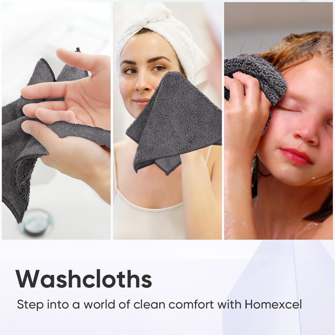 HOMEXCEL Microfiber Washcloths 50 Pack, Highly Absorbent and Soft Face Towel, Multi-Purpose Wash Cloths for Bathroom, Gym, Hotel, Spa and Kitchen, Multicolor 12x12 Inch, Grey