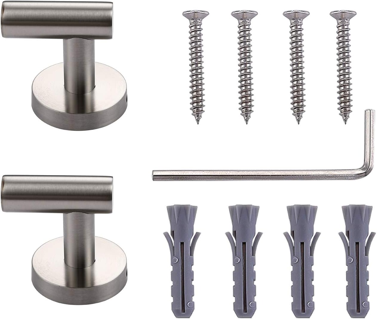 TASTOS Bathroom Towel Hooks Brushed Nickel, 2 Pack Stainless Steel Robe Coat and Clothes Hook, Heavy Duty Wall Hook for Bathroom & Kitchen, Modern Round Style Screw Wall Mounted