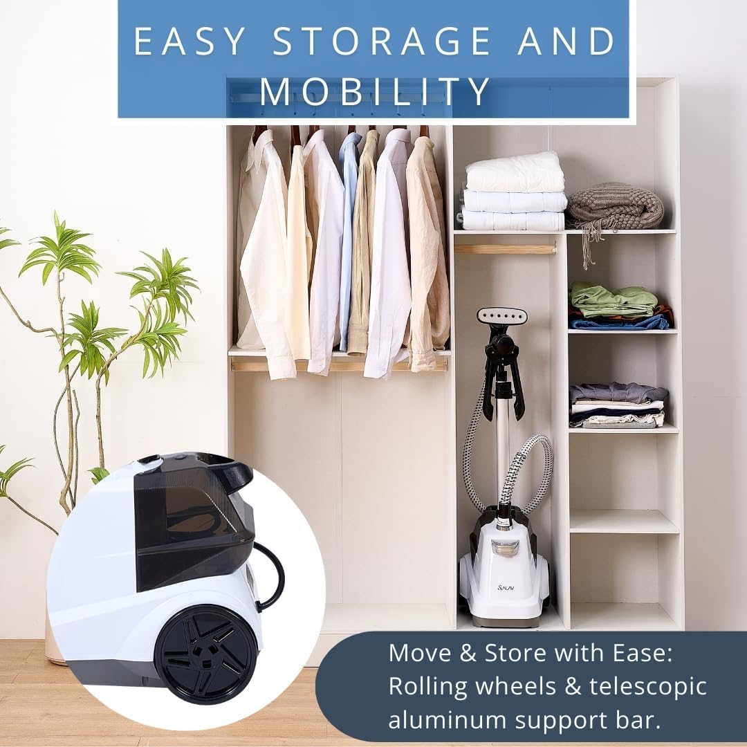 SALAV Commercial-Grade Standing Garment Steamer for Clothes with Auto-Off Safety 1800W Powerful Steam X-Large 3L Water Tank, 90-Min Continuous Use, Pedal-Control System, Beeps when Out of Water, White