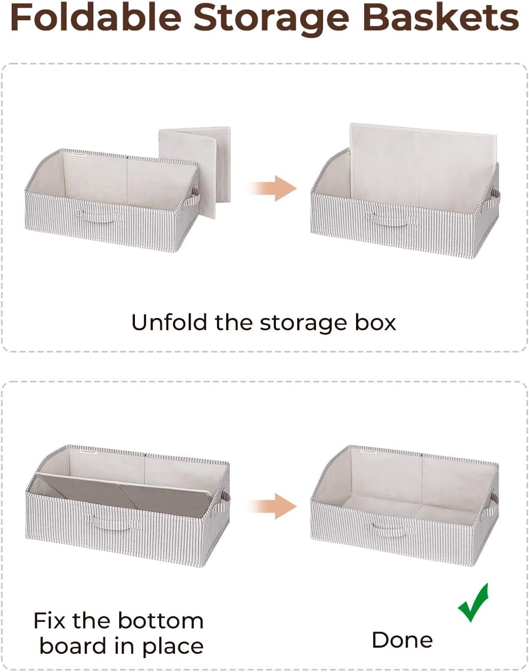 StorageWorks Closet Storage Bins, Trapezoid Organizer Box for Shelves, Fabric Clothes Bin, Foldable Organizing Baskets with Handles, Large, Khaki and Beige Stripes, 3-Pack