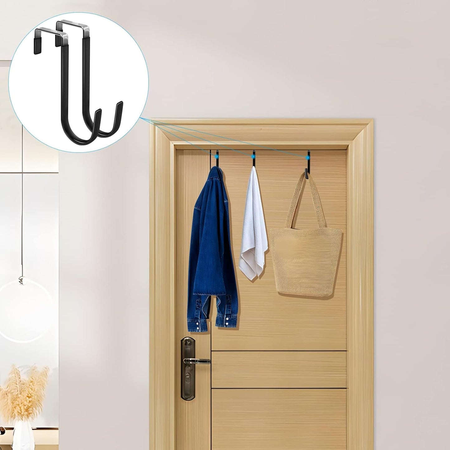 FYY Over the Door Hooks, 8 Pack Door Hangers Hooks with Rubber Prevent Scratches Heavy Duty Organizer Hooks for Living Room, Bathroom, Bedroom, Kitchen Hanging Clothes, Towels, Hats, Coats, Bags Black