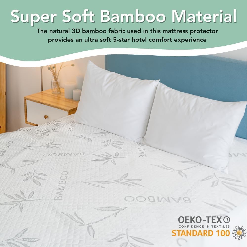 Bamboo Rayon Mattress Protector with Zipper +1 Pillow Protector - 100% Waterproof Cooling Twin XL Size Cover - Ultra Soft Fabric Breathable Noiseless Mattress Pad Covers Zippered Encasement