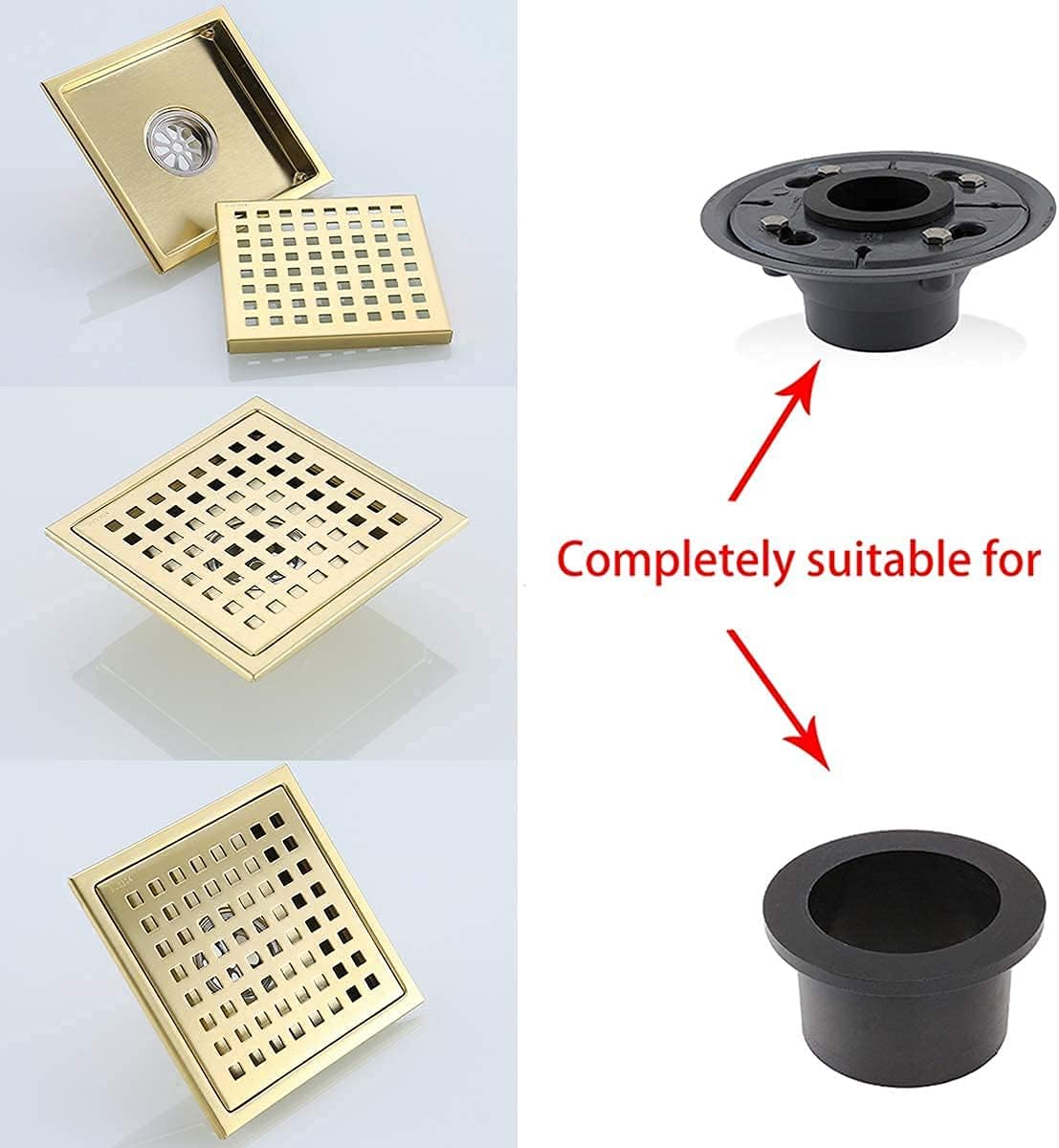 RANDOM Brushed Gold Shower Drain Square 6 Inch Shower Floor Drain with Grid Grate & Removable Hair Strainer 304 Stainless Steel Shower Drain Cover Bathroom Accessories.98738BG