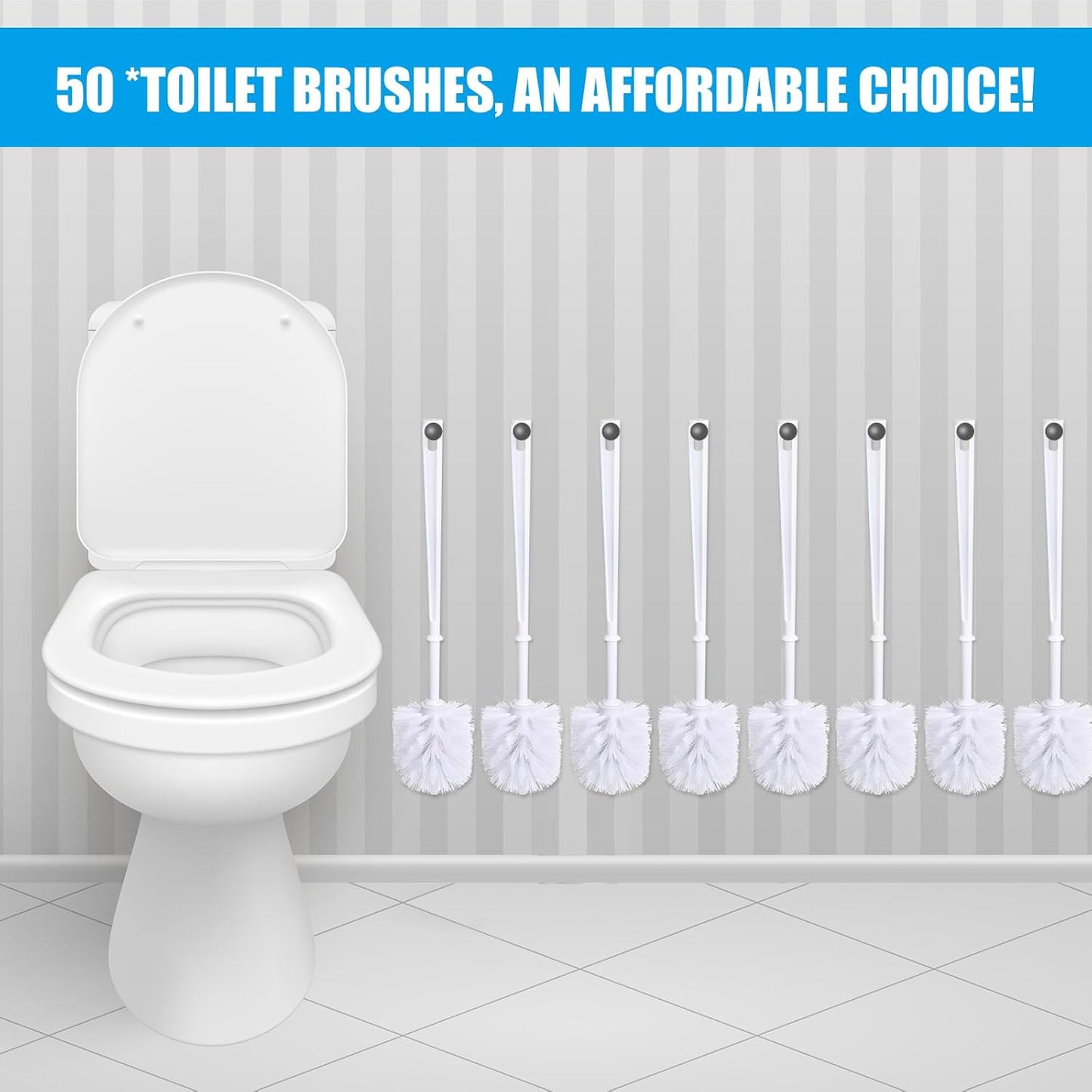 Mimorou 50 Pcs White Toilet Brush, Bathroom Toilet Bowl Brush, Soft Bristle Long Handle Plastic Toilet Scrubber for Bathroom