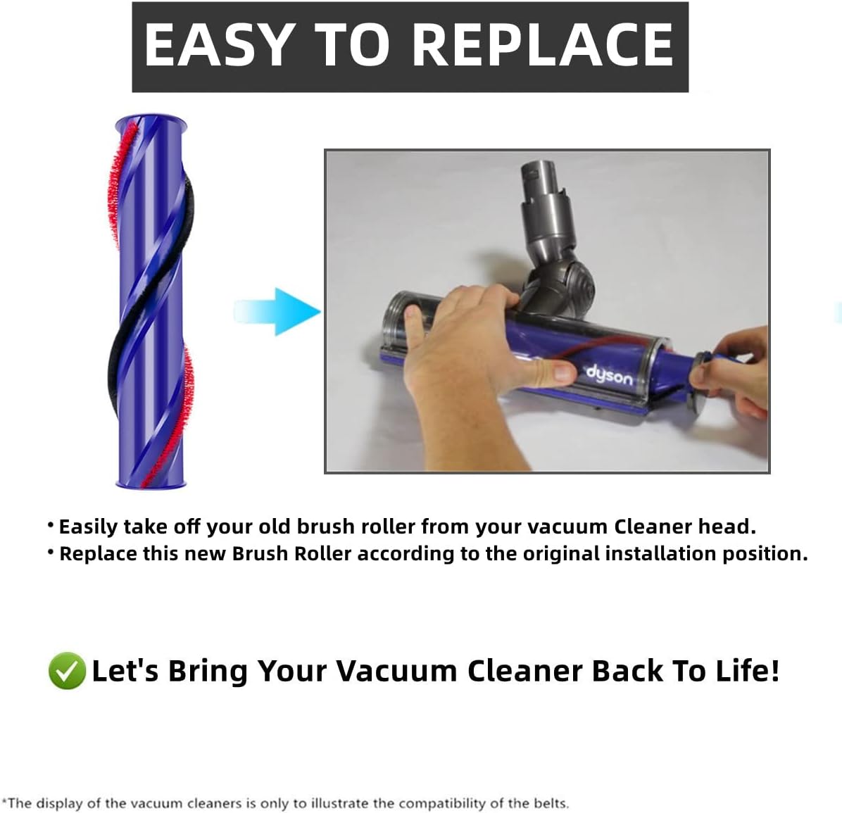 Brush Roller for Dyson V6 Vacuum Cleaner 966084-01 Replacement Bar Assembly, Compared to Part 966821-01 (4 Prong Drive & No Screw)