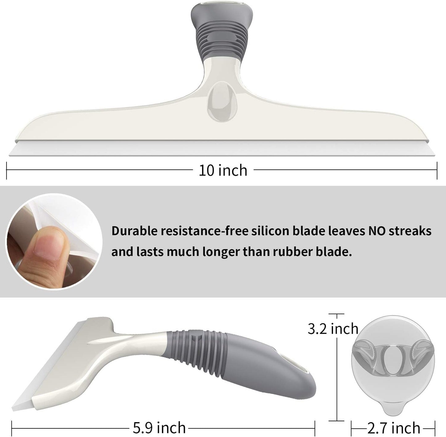 MR.SIGA Multi-Purpose Silicon Squeegee for Window, Glass, Shower Door, Car Windshield, Heavy Duty Window Scrubber, Includes Suction Hook, 10 inch, White & Gray, 2 Pack