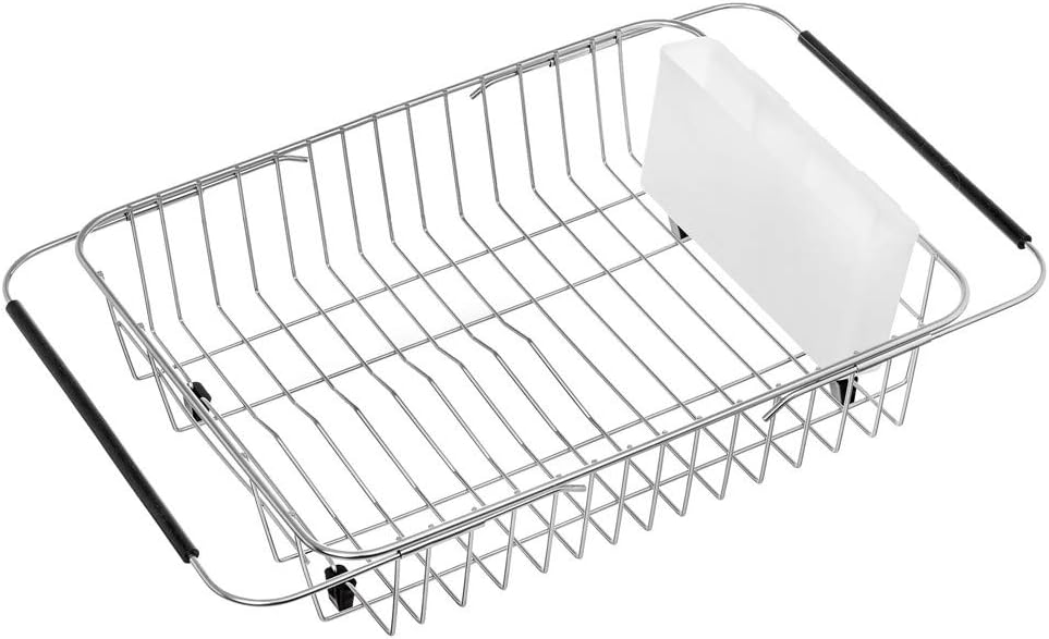 SANNO Dish Drying Rack, Expandable Dish Drainer Over Sink in Sink On Counter with Utensil Silverware Storage Holder, Rustproof Stainless Steel