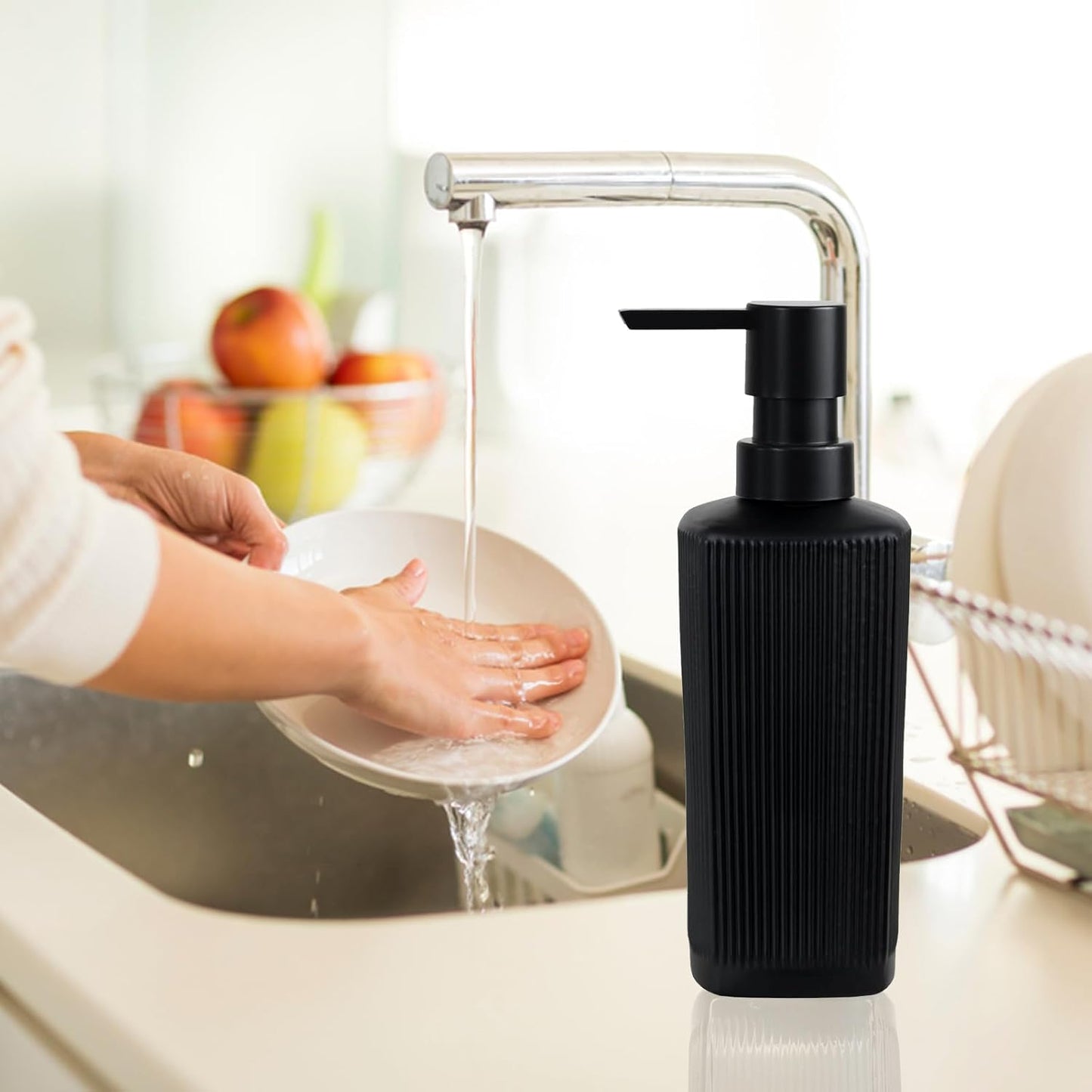 Black Pump Glass Soap Dispenser, 12oz Stripe Countertop Refillable Liquid Bottle, Hand Dish Lotion Dispenser with Plastic Pump, for Kitchen, Bathroom