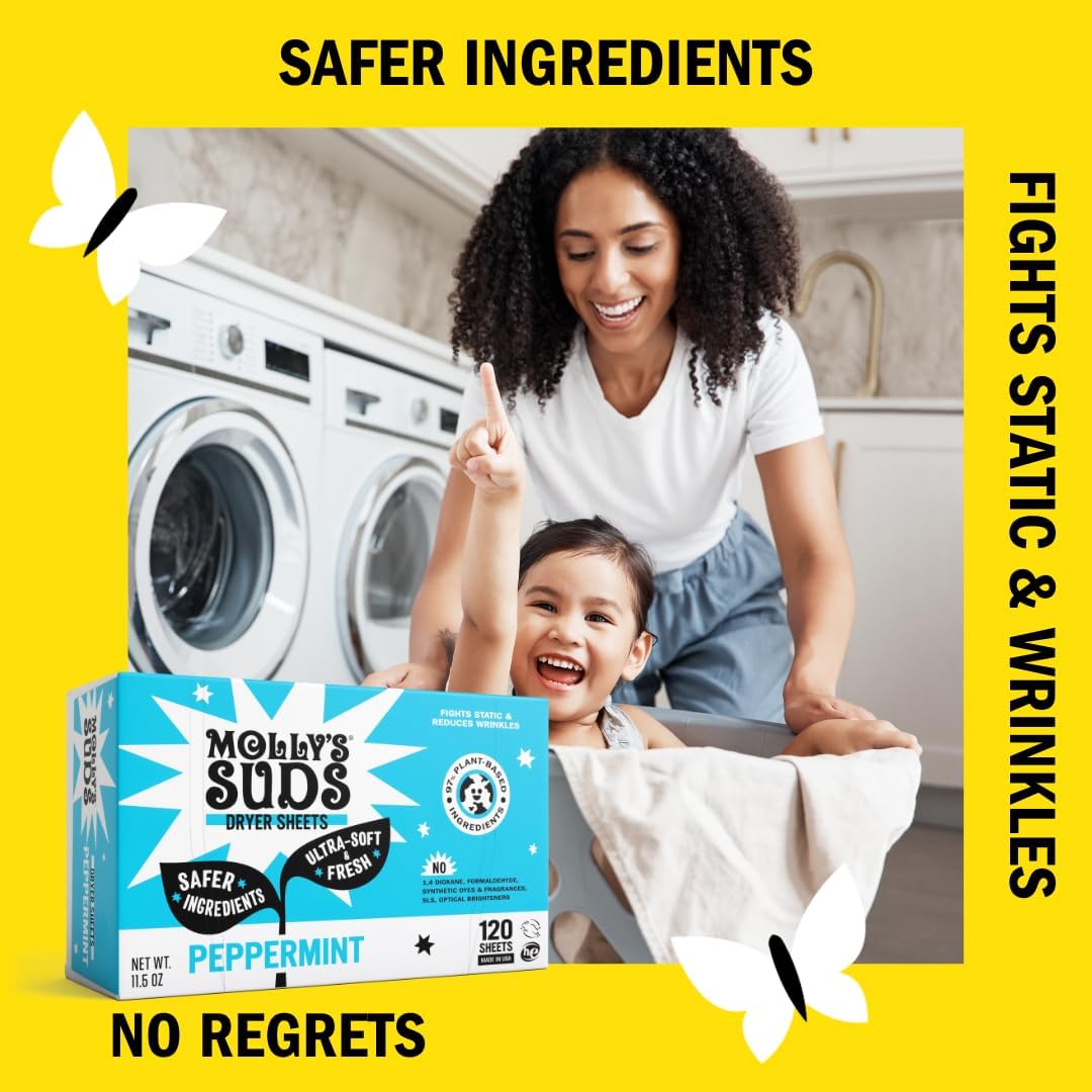 Molly's Suds Fabric Softener Dryer Sheets for Sensitive Skin | Plant-Based Static Reducer, Plastic-Free Packaging | Bundle of 2, Peppermint (240 Sheets Total)