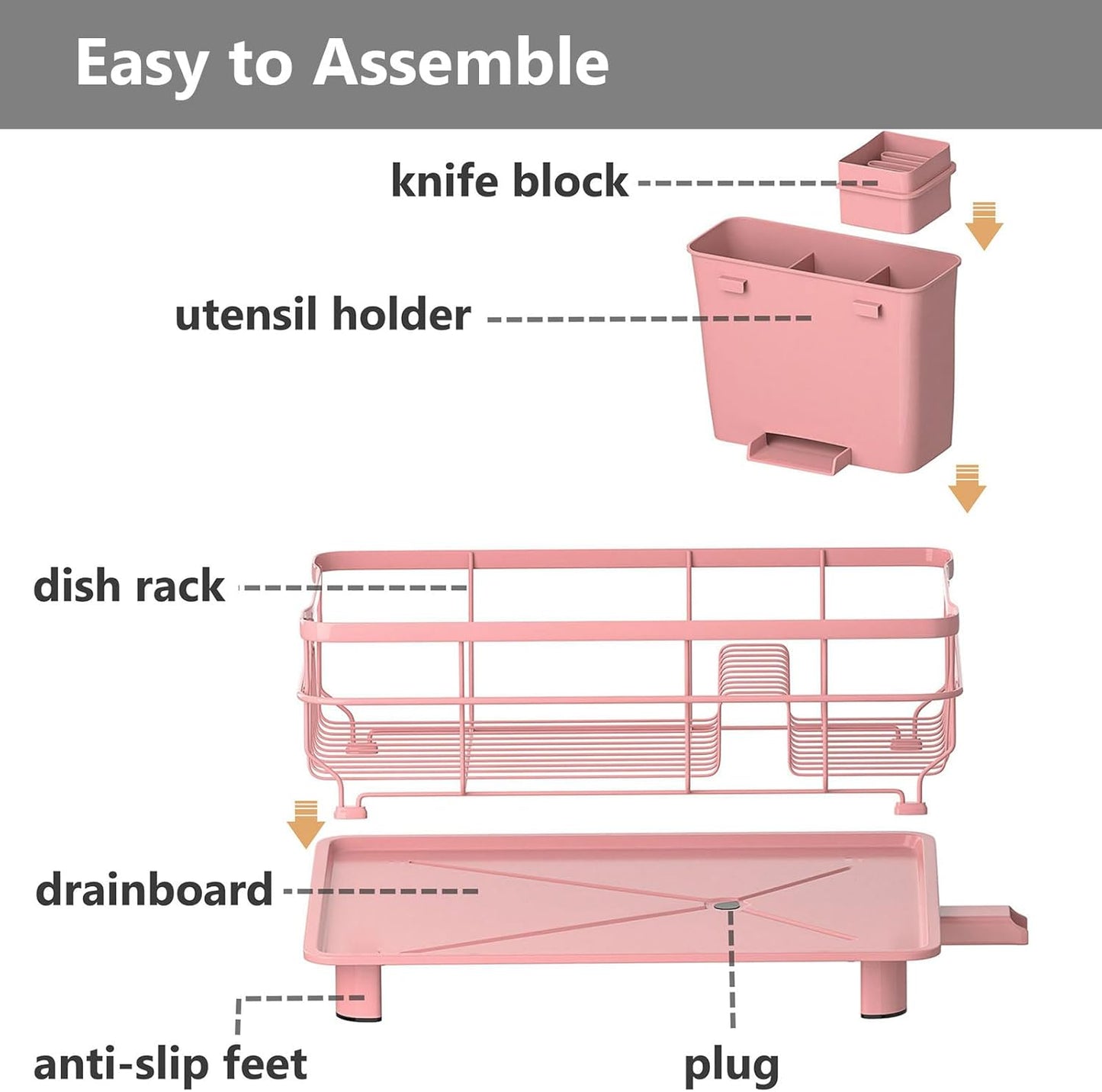 Iron Dish Drying Rack Auto Drain Dish Drainers Kitchen Counter Strainer with Draining Tray, Pink