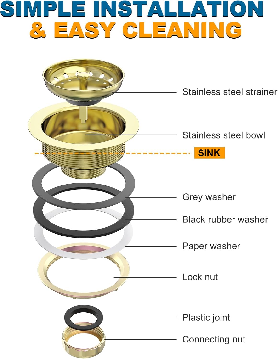 BOTEMY Stainless Steel Gold Sink Drain Strainer Kit 3-1/2 inch Kitchen Drain Assembly with Metal Center Knob Basket Stopper Replacement for Standard Kitchen Sinks