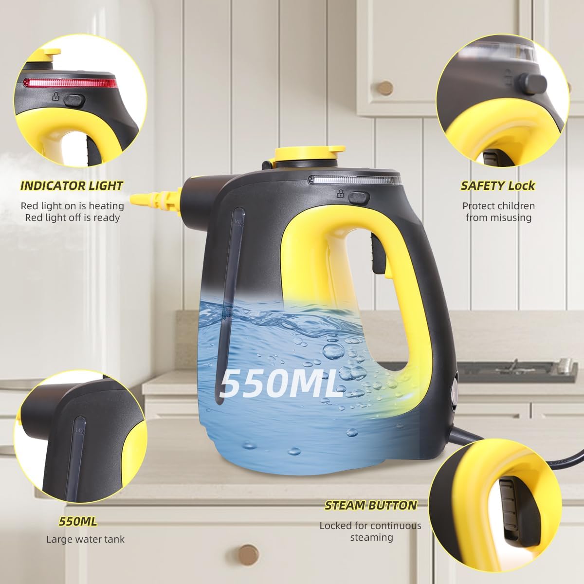 Handheld Steam Cleaner 1350W High Power with 9 Piece with Safety Lock Multi-Purpose Steamer for Home Use Multi-Surface Natural Steam Cleaner for Furniture,Upholstery, Car, Floor