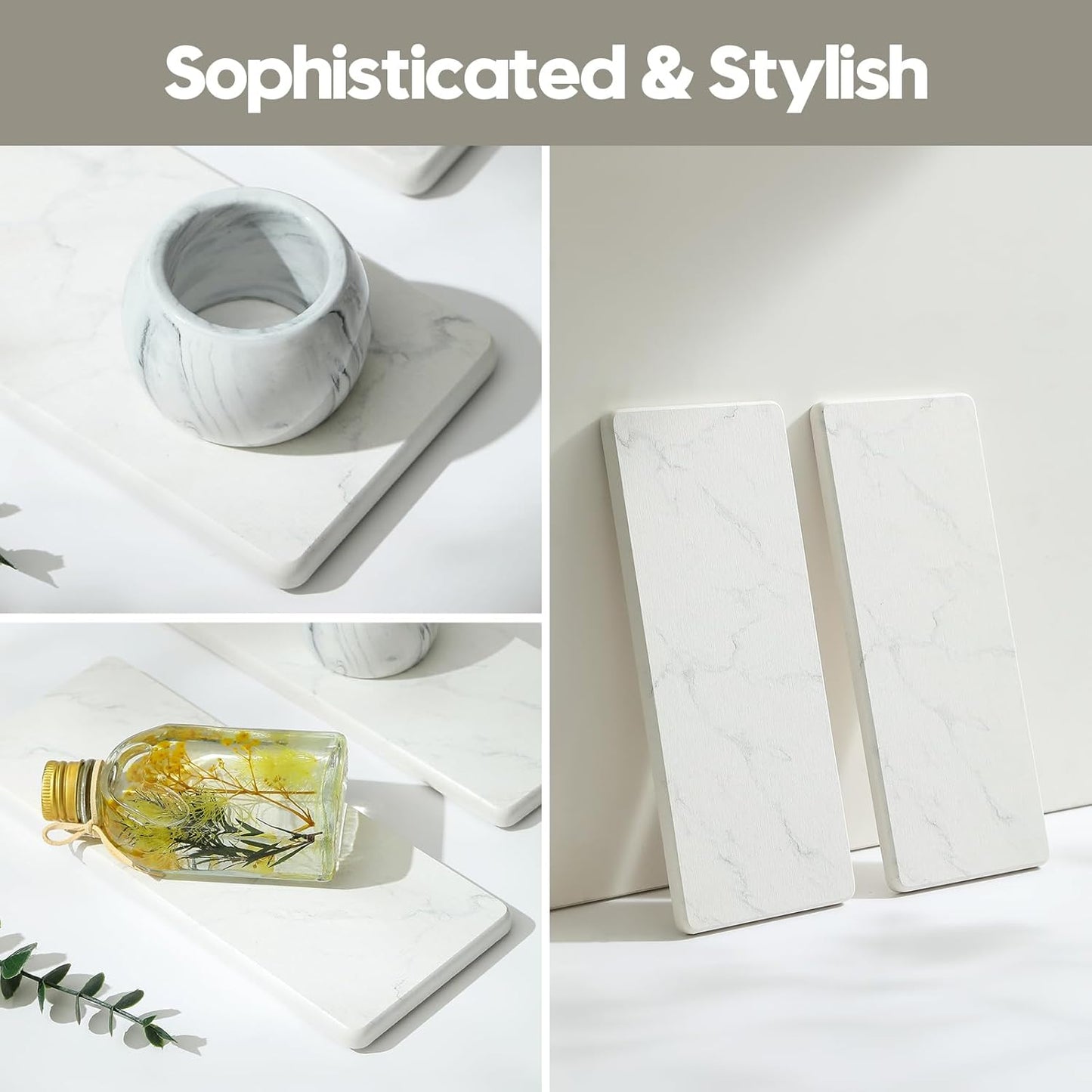 2PCS Diatomite Marble Tray Quick Drying Mat for Kitchen Counter, Water Absorbing Stone Vanity Caddy for Bathroom Sink,Faucet Splash Guard,Soap Dispenser Rack Sponge Holder Organizer, White, 9"x3.5"