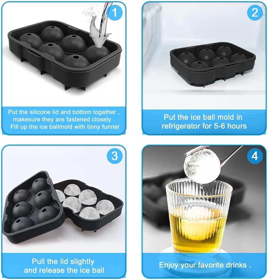 Silicone Round Ice Cube Mold, Round Ice Cube Trays for Freezer with Funnel, Easy Release Ice Cube Tray Circle Balls for Whiskey Cocktails Bourbon