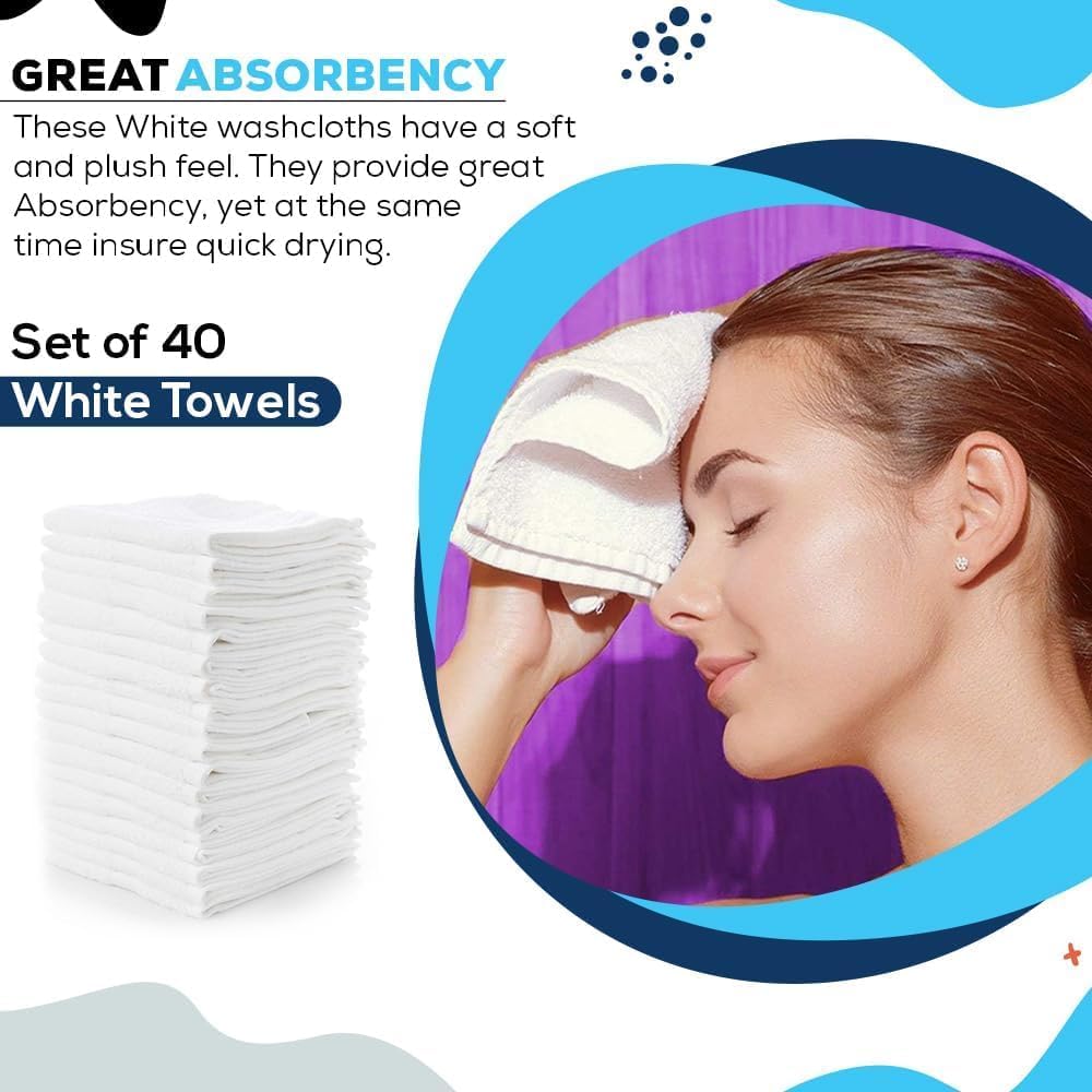 SIMPLI-MAGIC Cotton Washcloths White, 40 Pack, Size: 12”x12”