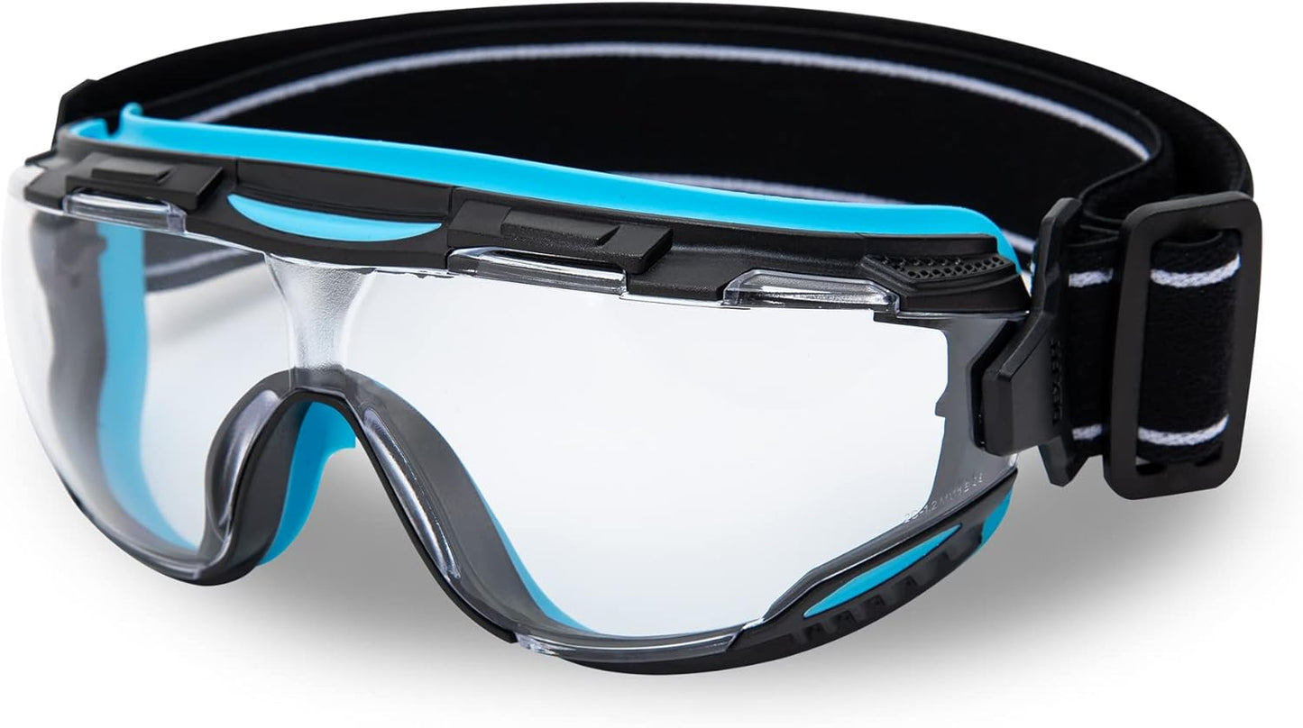 DEX FIT Protective Safety Goggles SG220; Anti Fog & Scratch, Z87 Eye Protection for Lab, Science, and Chemistry Work, Adjustable for Women and Men, (Black & Blue Frame, Clear Lens, 19cm Strap)