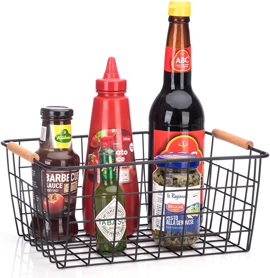 LeleCAT Wire Baskets with Wooden Handles, Wire Storage Organizer Baskets , Household Refrigerator for Cabinets, Pantry, Closets, Bedrooms - Set of 4(Black