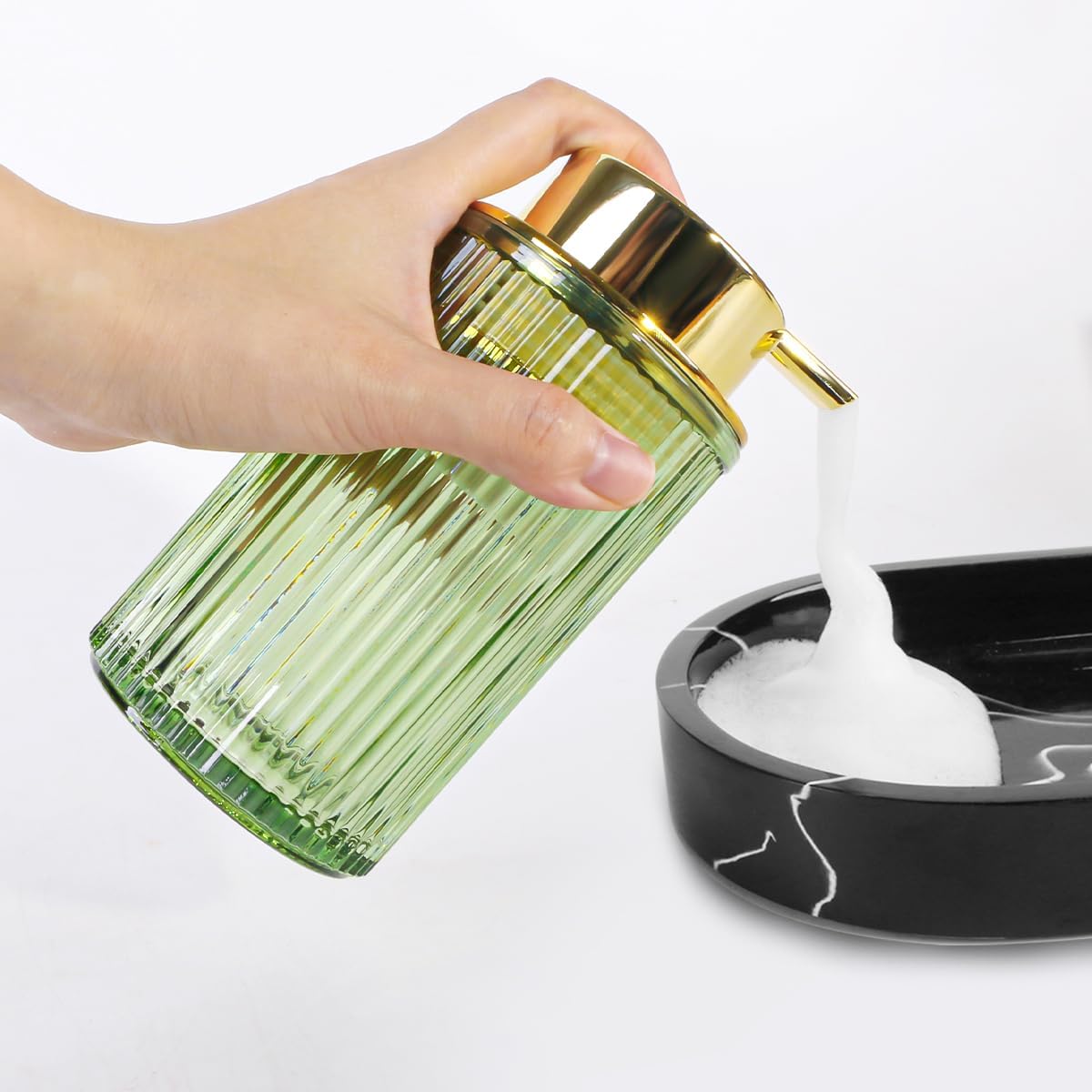 Green Foaming Soap Dispenser, 12 Oz Glass Foaming Hand Soap Dispenser with Gold Pump, Bathroom Refillable Liquid Lotion Container Pump Ribbed Bottle for Kitchen Bathroom Decor, 2pc