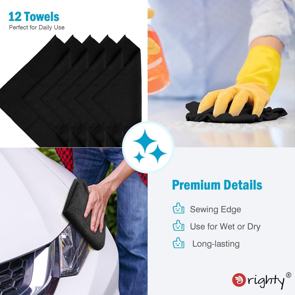 Orighty Microfiber Cleaning Cloth, 12 Pack Microfiber Towels for Cars, Highly Absorbent Car Cleaning Supplies, Lint Free Cloths Clean Rags for Car Care, House, Kitchen, 12x12 inch, Black
