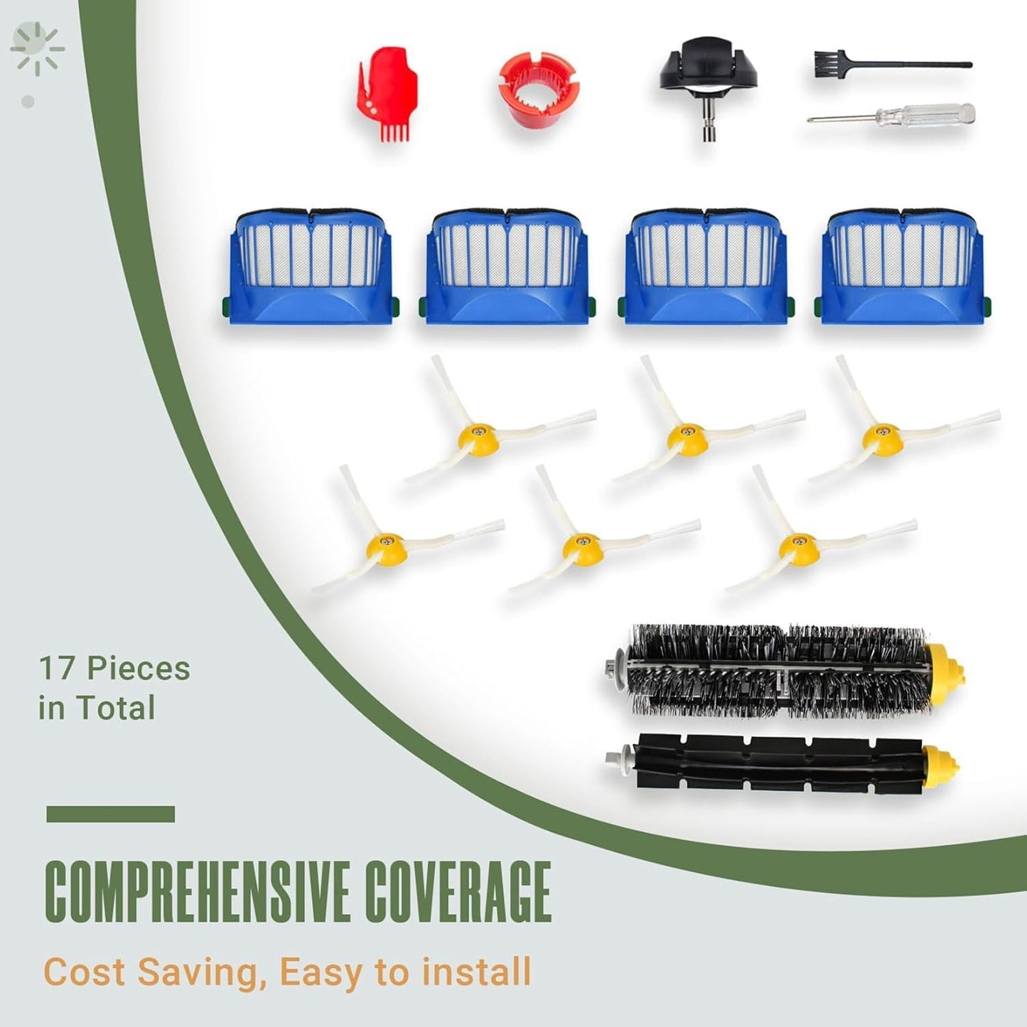 Replacement Parts Accessories Kit for iRobot Roomba 675 694 692 614 670 677 671 691 676 639 679 615 600 Series Robot Vacuum Attachment, 1 Front Caster Wheel,1 Bristle Brush, 6 Side Brush, 4 Filter