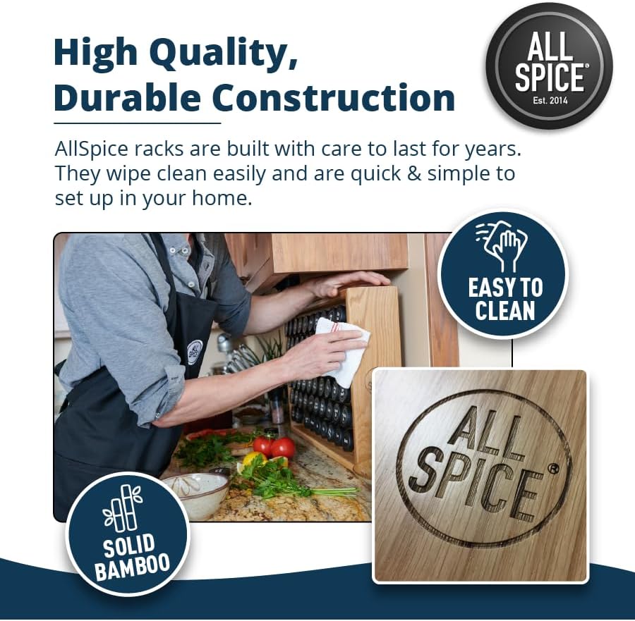 AllSpice Spice Rack Organizer, Wood, 525 Unique Labels, Countertop or Wall Mount, Includes 60 4oz Jars- Bamboo
