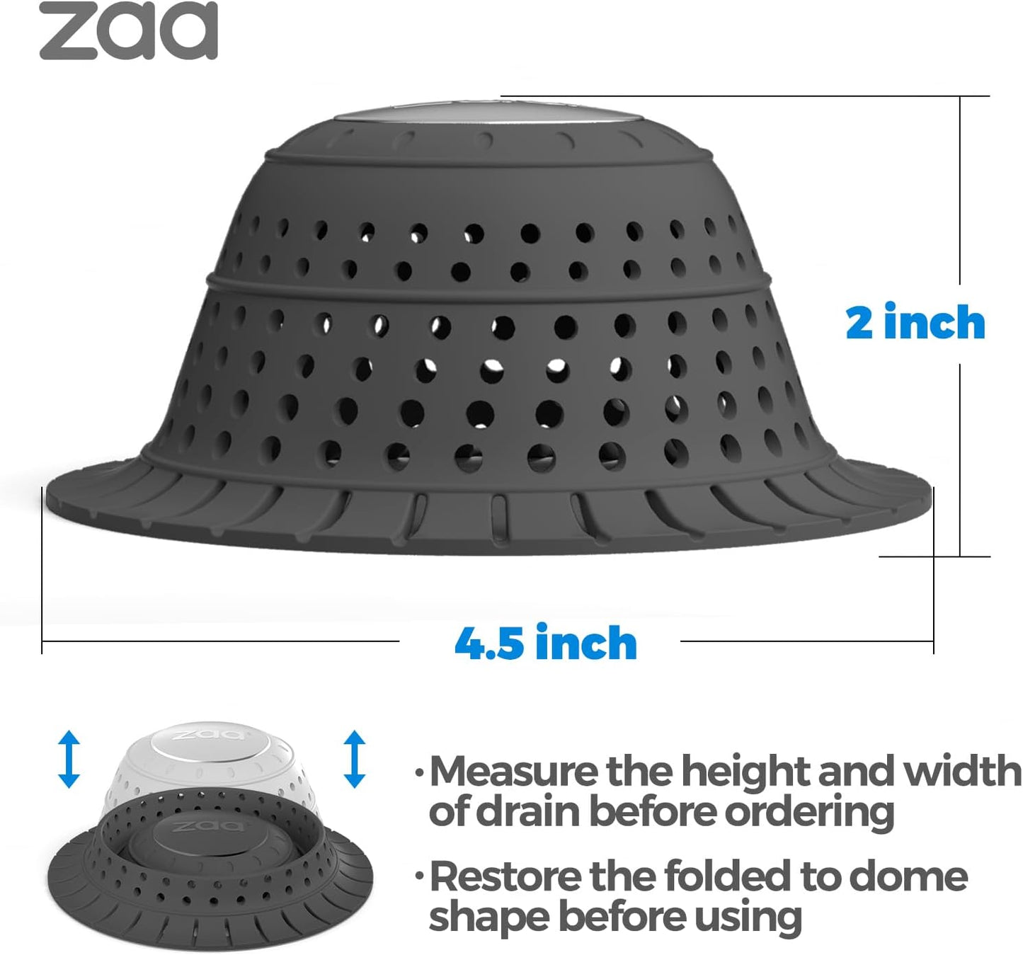 zaa Bathtub Drain Hair Catcher, Silicone Collapsible 1 Pack Drain Protector for Pop-Up and Regular Drains of Shower,Tub, Bathroom, Sink, Charcoal Black