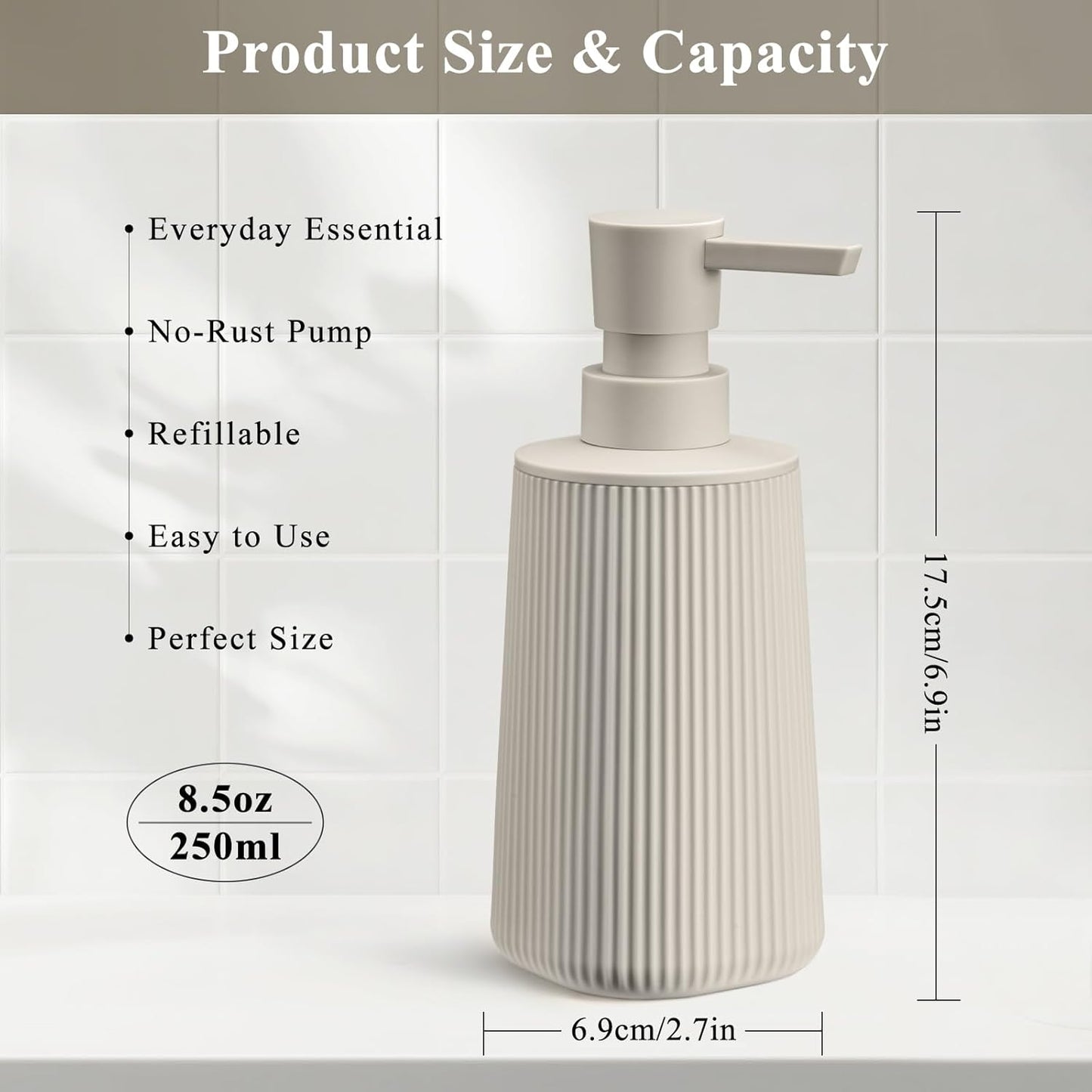 Beige 2 Pack Hand Soap Dispensers with No Rust Pump for Bathroom and Kitchen Countertops Refillable Striped Matte Plastic 8.5 oz