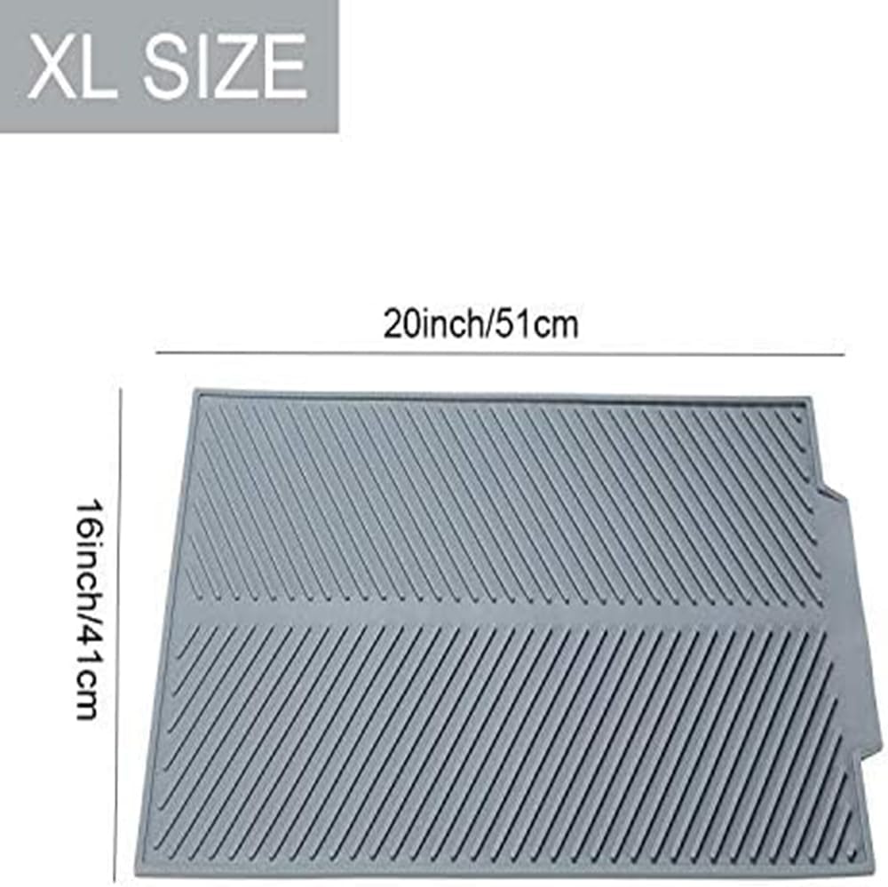 Silicone Dish Draining Mat, Eco Friendly Dish Drying Mat Kitchen Counter Anti-Skid and Heat Insulation Pad, Sink Drainer Mat with Dense Drainage Grooves (L (20"×16"))