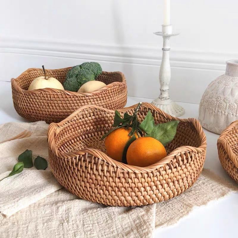 Rattan Bread Basket, Hand Woven Fruit Basket, Wicker Serving Basket Bowl, Decorative Baskets for Kitchen Counter Organizing, Set of 3 (Wave)