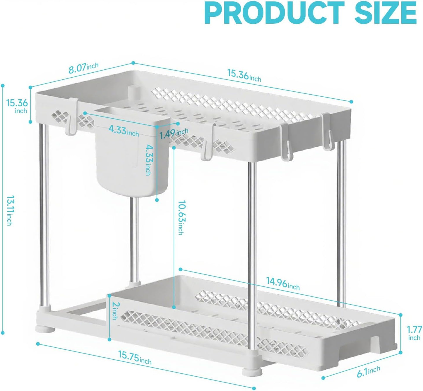 Under Sink Organizer, 2 Tier Pull Out Cabinet Organizer with Hooks Hanging Cup, Easy Installation & Rust-resistant, Multi-Purpose Storage Shelf for Kitchen Bathroom Pantry (White,1 Pack)
