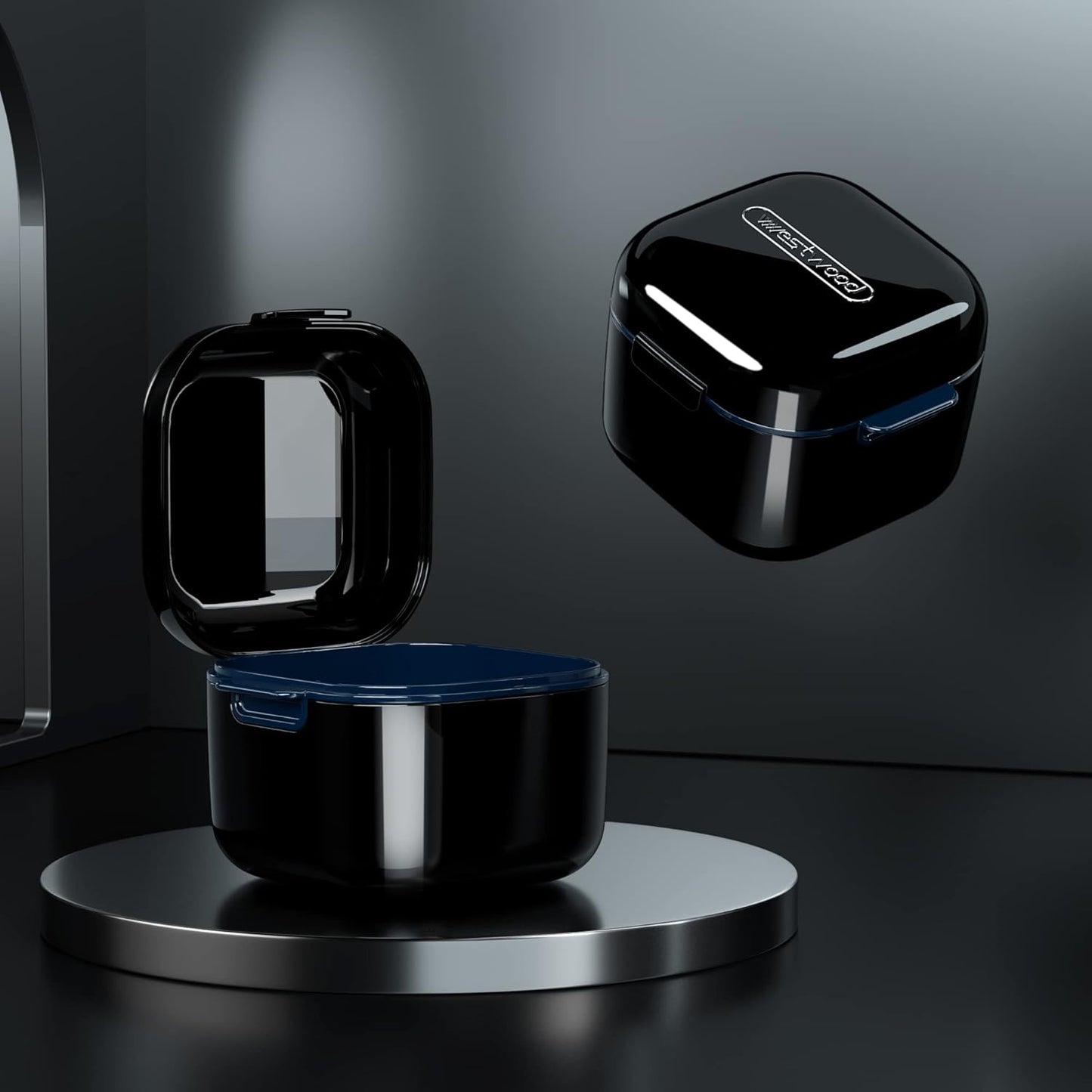 Denture Cup,Retainer Case,Cute Night Mouth Guard Box Holder, Storage Soak Container with Strainer basket for Travel Cleaning.(1 Pack,Black)