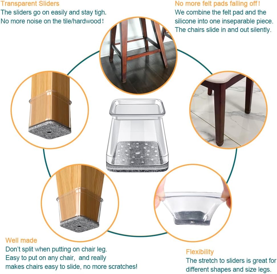 32 Pcs Square Chair Leg Protectors for Hardwood Floors,Felt Furniture Floor Protectors with Silicone Caps, Large Size (Fits Chair Legs with Side Length: 1-1/16'' to 1-5/8''")