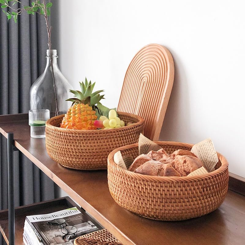 Rattan Bread Basket, Hand Woven Fruit Basket, Wicker Serving Basket Bowl, Decorative Baskets for Kitchen Counter Organizing, Set of 3 (Round)