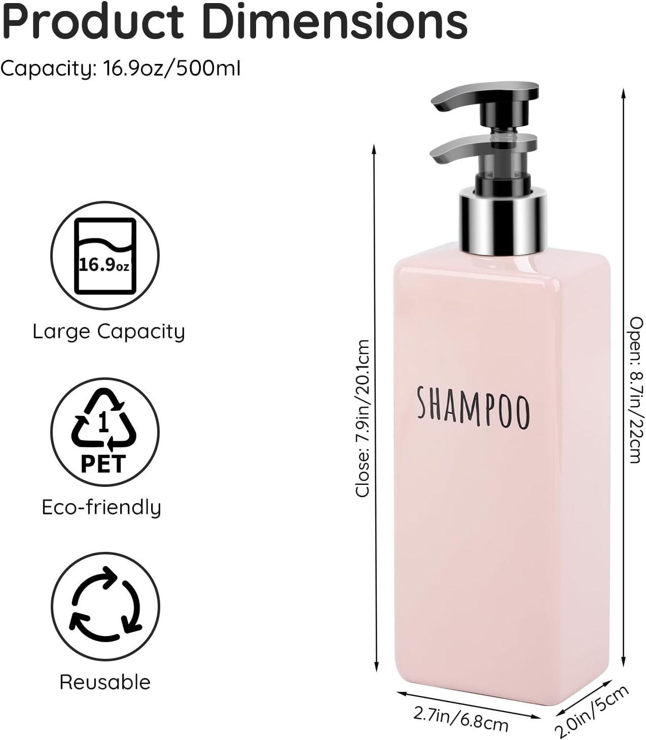 Segbeauty 16.9oz Shower Bottles Refillable, 3 Pack of Shampoo and Conditioner Bottles for Bathroom, 500ml Plastic Square Soap Dispenser Set Lotion Dispenser Empty Press Pump Bottle Pink