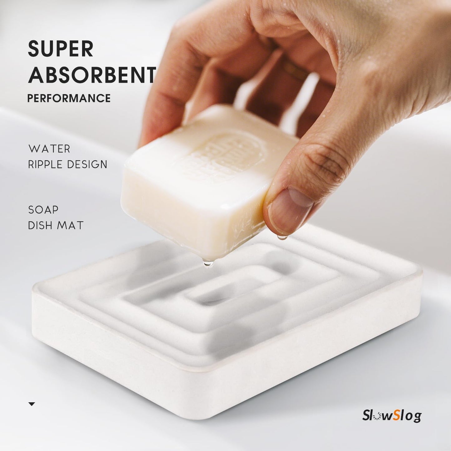 2 Pack Diatomite Soap Trays, Fast Drying Stone Soap Dishes, Natural Diatomaceous Earth Soap Holders, Quick-Dry Rectangular Soap Savers for Bath & Kitchen, White