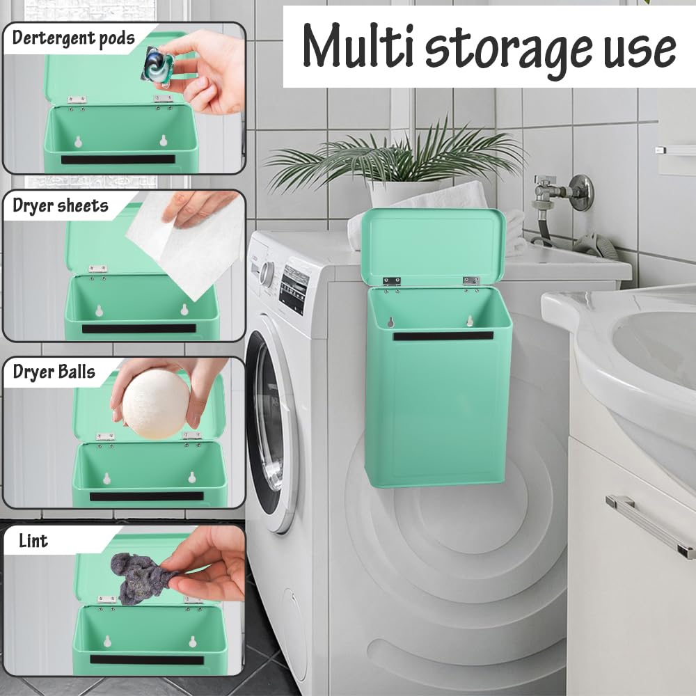 Picowe Magnetic Laundry Storage, Large Metal Lint Holder Bin with Lid for Laundry Room, Space-Saving Trash Container Hanging on Dryer, Washer or Wall Mount Trash Bin (Green)