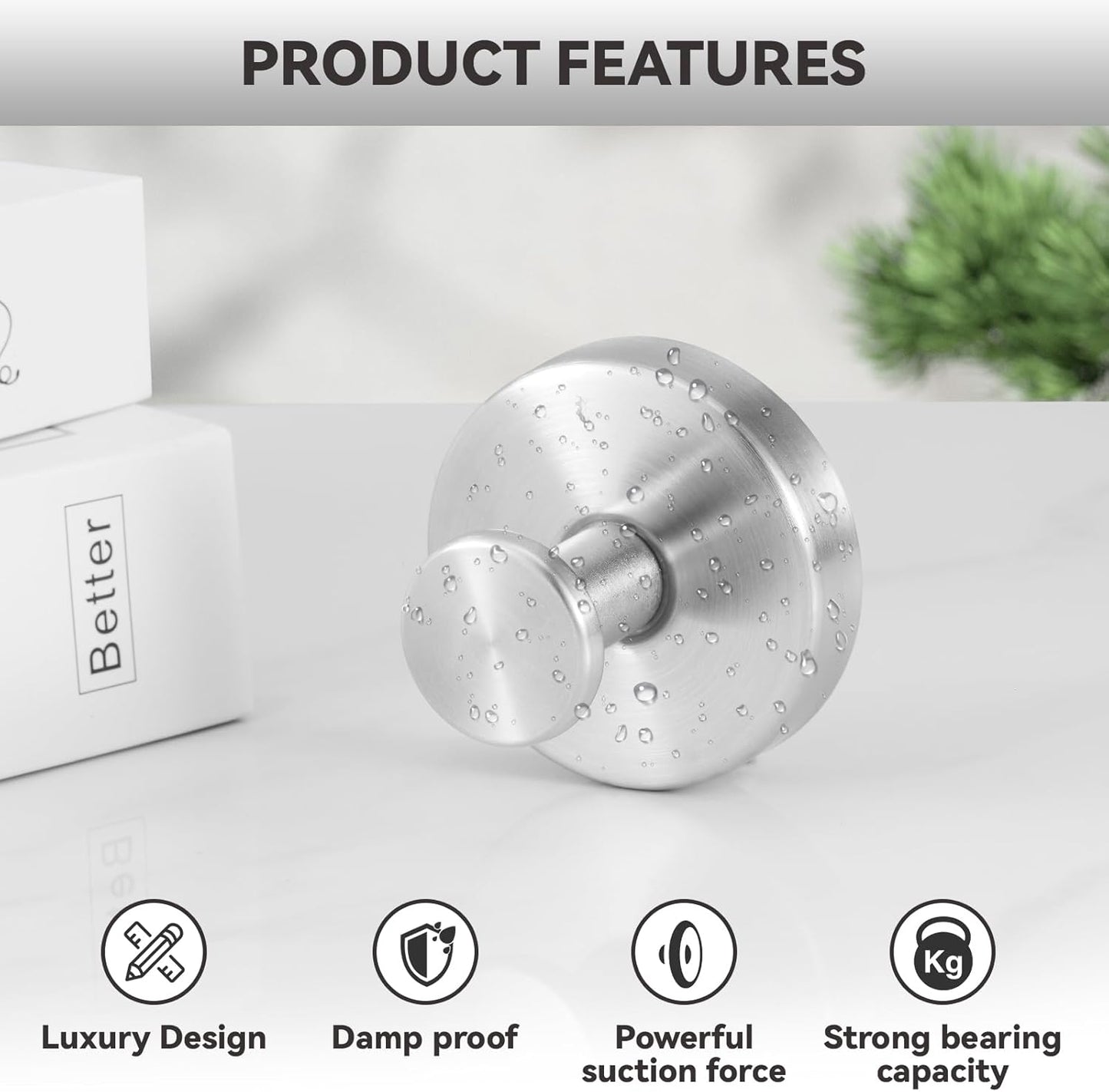 4 PCS Suction Cup Hooks for Shower, Stainless Steel No Drill Suction Towel Hooks, Reusable Sticky Silicone Suction Cup Base for Bathroom Wall, Glass, Mirror, Tile to Hang Loofahs, Robes (Silvery)