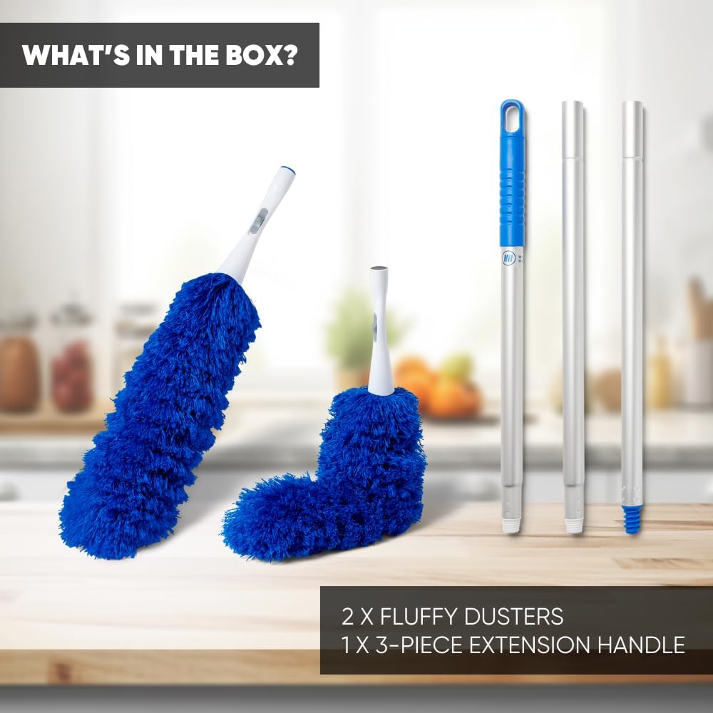 2 Pack of Microfiber Flexible Dusters with Heavy Duty Extension Pole | 5' Reach | Clean Ceiling Fans, Cobwebs, Light Fixtures, Delicate Objects