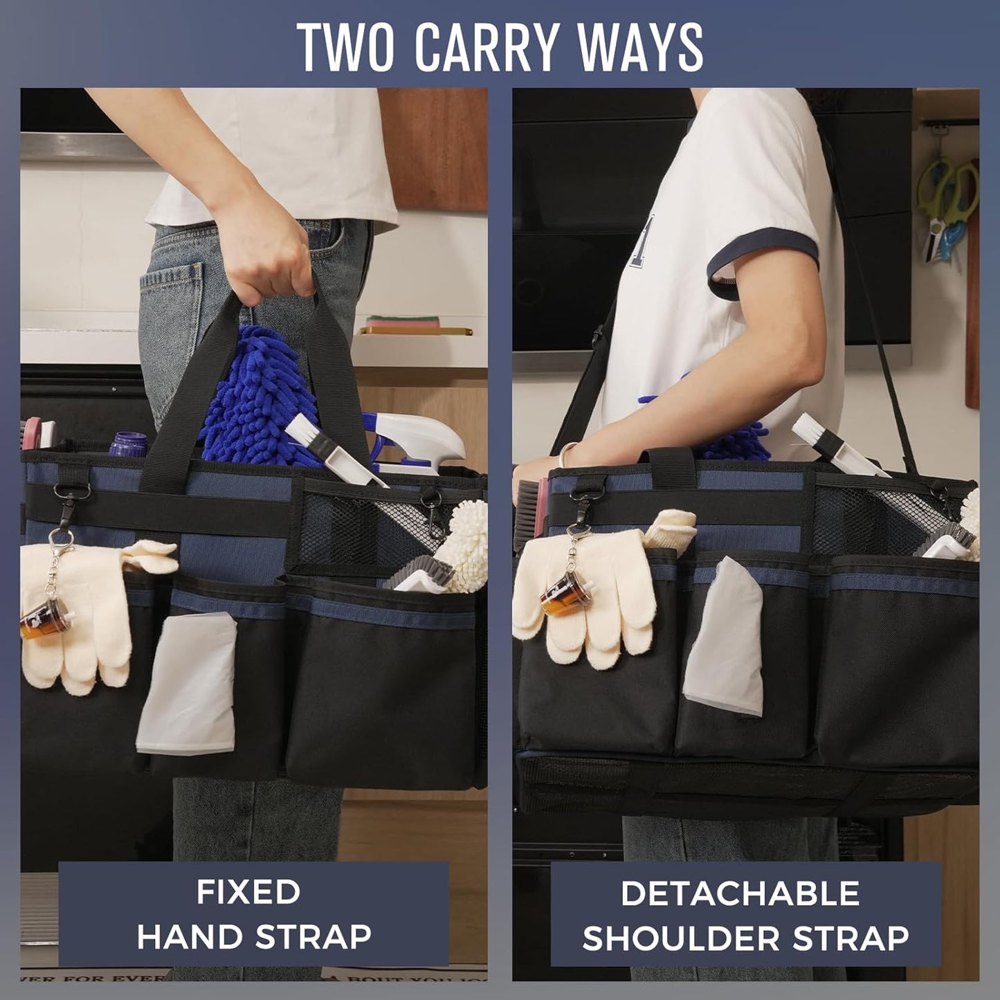 Wearable Cleaning Caddy, Cleaning Caddy Supplies Organizer with Handle & Shoulder Straps for Housekeepers, Under Sink & Car Cleaning Tool Organizers Bag with 4 Foldable Divider (NavyBlue)