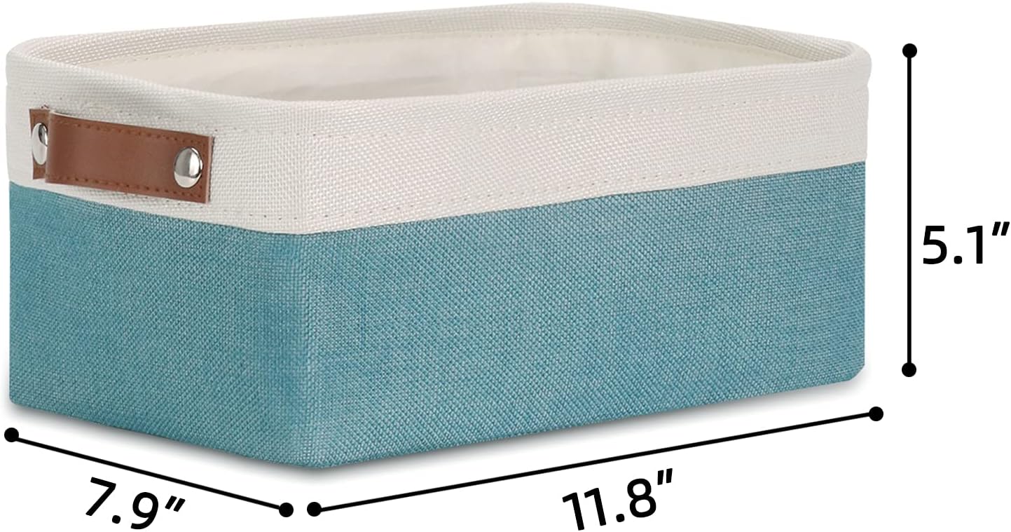 DULLEMELO Small Collapsible Fabric Basket for Organizing, Shelves, Closets, Laundry, Nursery, Decorative Gift Basket (White & Teal)