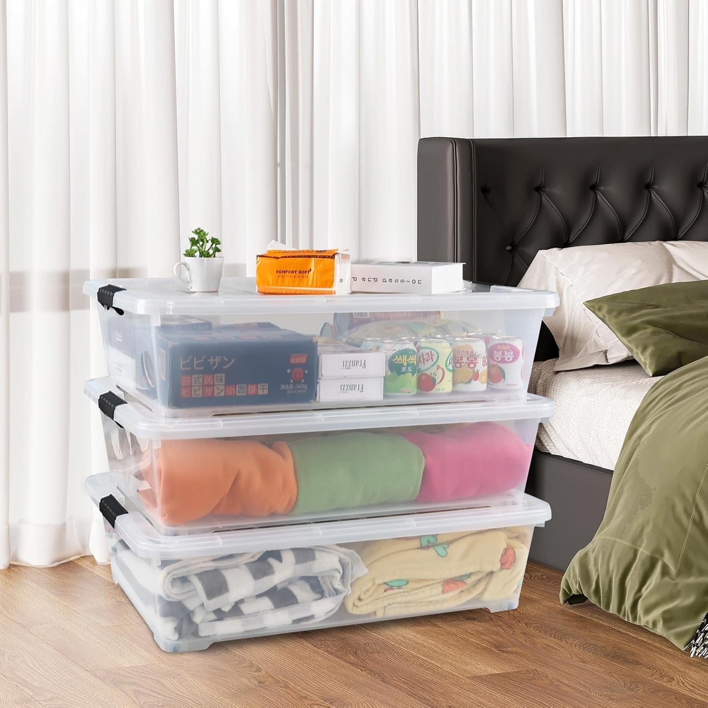 3-Pack 50 Quart Under the Bed Low Profile Storage Boxes, Large Under Bed Storage Bin with Easy Rolling Caster Wheels, Clear