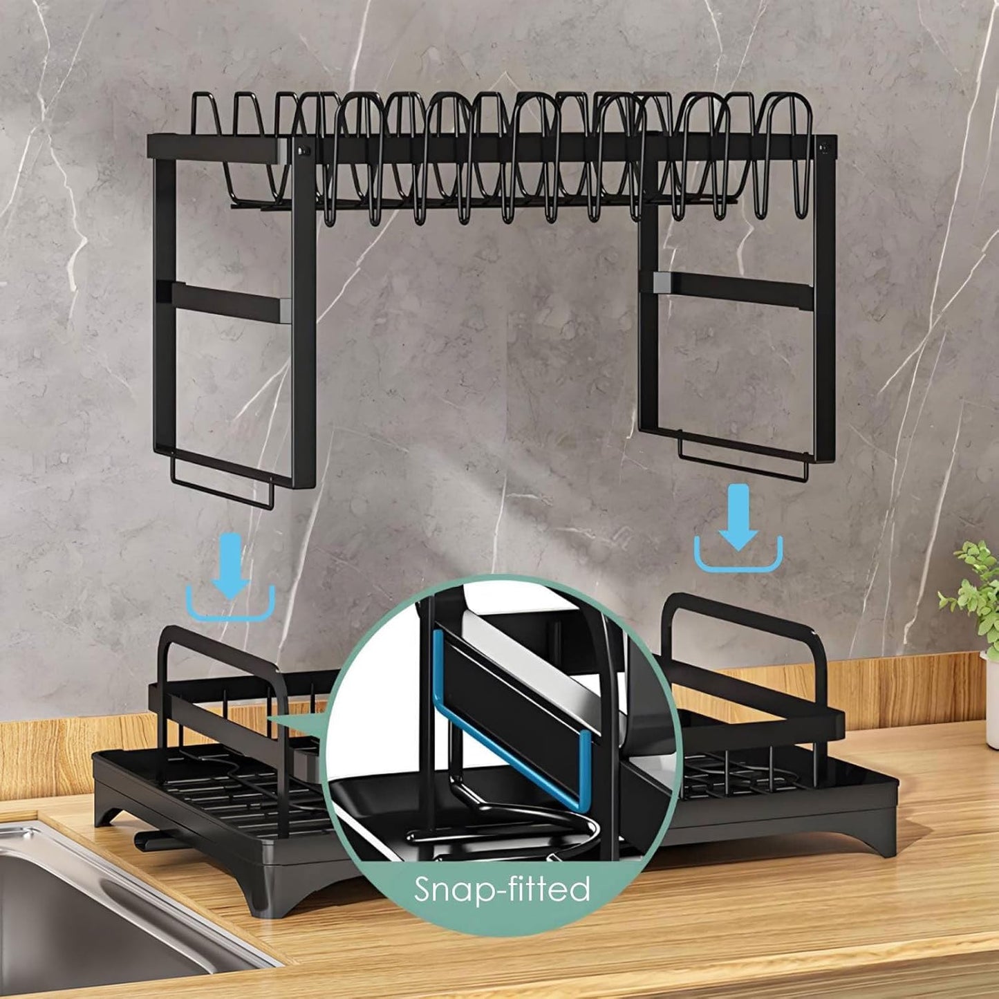 Dish Drying Rack for Kitchen Counter 2 Tier Iron Dish Drainer with Removable Cutlery Basket, Black