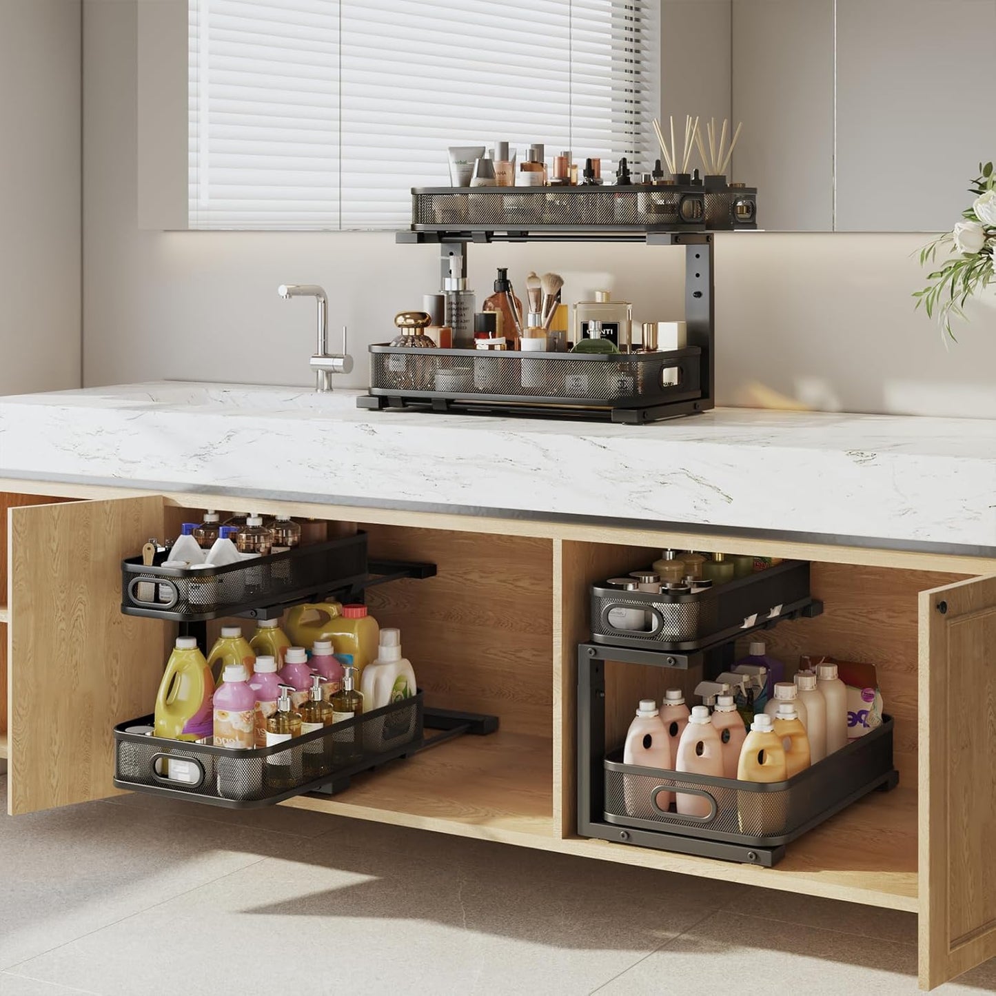 2 Pack 17.3IN-Depth Under Sink Organizer with Smooth Cylindrical Rail,2-Tier Pull Out Multi-Purpose Cabinet Storage for Bathroom&Kitchen,Height Adjustable,Rust-Resistant Coating-Black